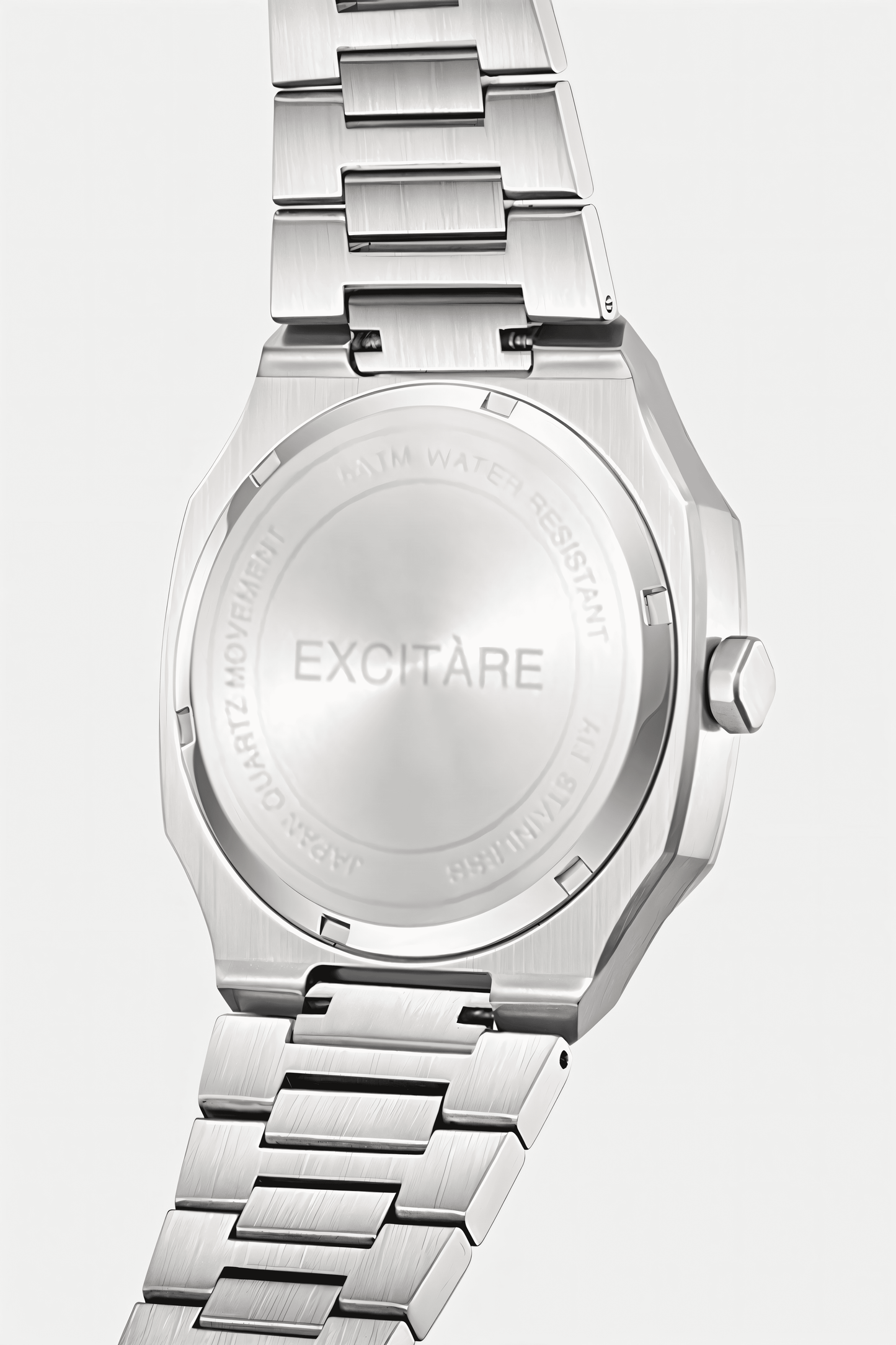 EXCITÀRE Lumen White Watch in stainless steel, back view showcasing engraved caseback