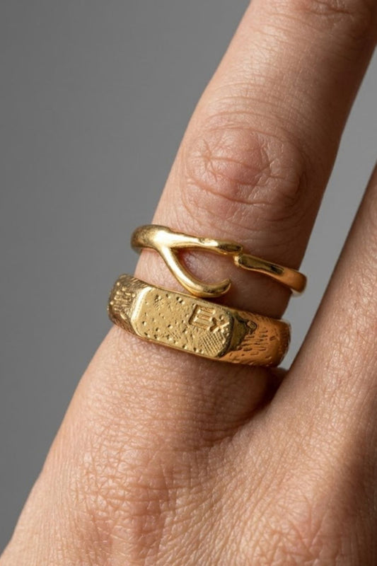 Close-up of the Ellis Ring Gold, showing layered minimalist gold rings including a signet design, worn on the hand.