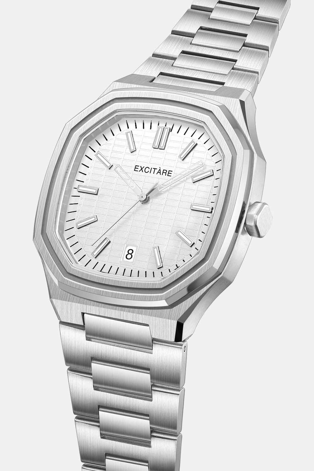 EXCITÀRE Lumen White Watch in stainless steel, side view highlighting watch case and strap