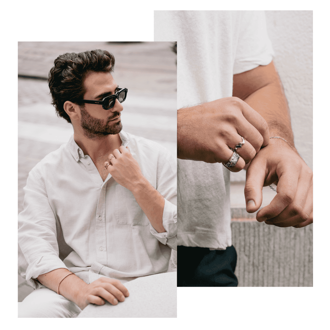 Man wearing sunglasses and a white shirt with close-up of hands showing EXCITÀRE rings.
