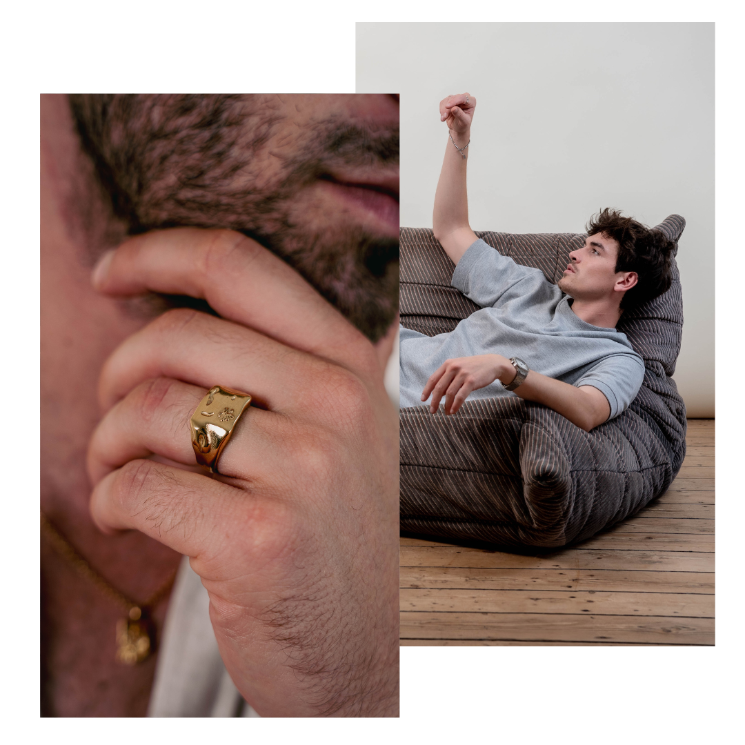 Two people in different settings: one sitting on steps, the other lounging on a bean bag chair. Both wearing the Lumen White Watch from EXCITÀRE