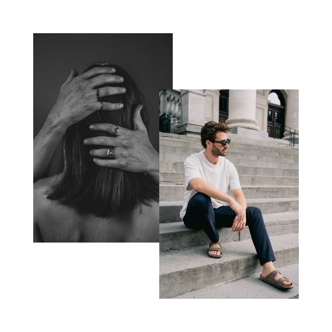 Minimalist rings on model’s hands and man wearing EXCITÀRE ring on steps in urban setting.