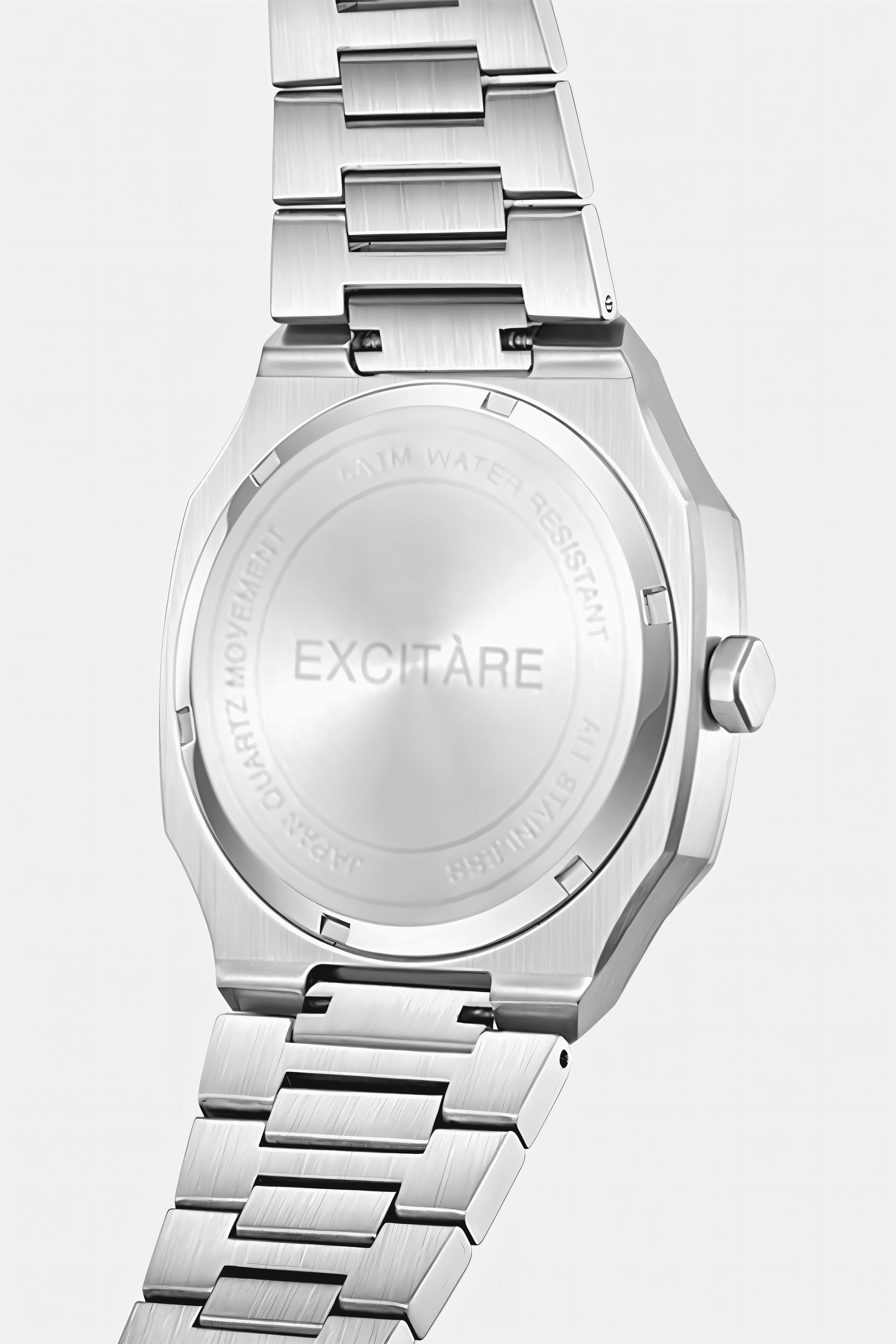EXCITÀRE Lumen White Watch in stainless steel, back view showcasing engraved caseback