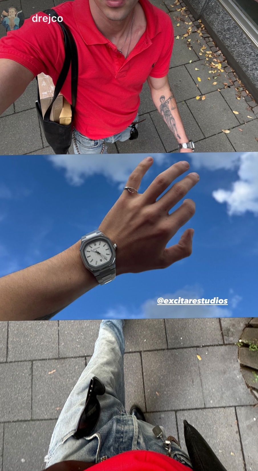 EXCITÀRE Lumen White Watch styled on customer with casual red polo and jeans. Minimal, versatile timepiece designed for everyday wear.