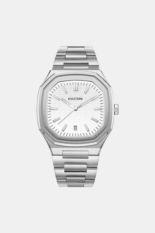 Studio photo of a minimalist silver stainless steel watch with a clean white dial.